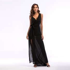 Women's Casual V Neck Side Split Sleeveless Beach Long Maxi Dress Strappy Adjustable (S-XL)