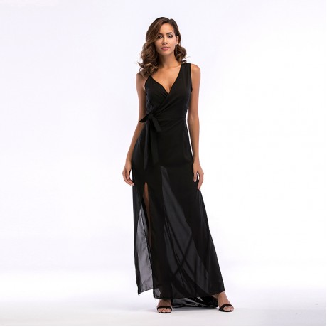 Women's Casual V Neck Side Split Sleeveless Beach Long Maxi Dress Strappy Adjustable (S-XL)